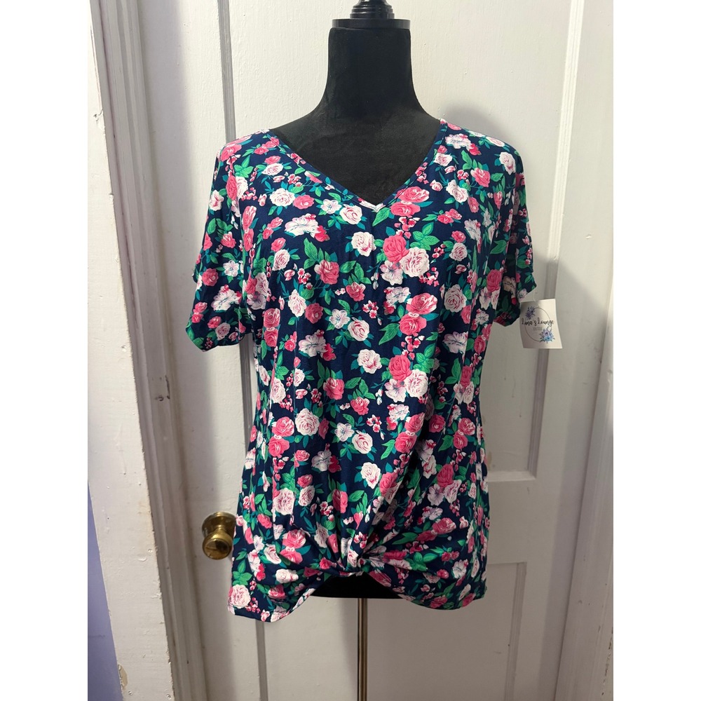 Doublju Navy Floral Front Twist Top V-Neck Short Sleeve Knit Blouse Medium NWT